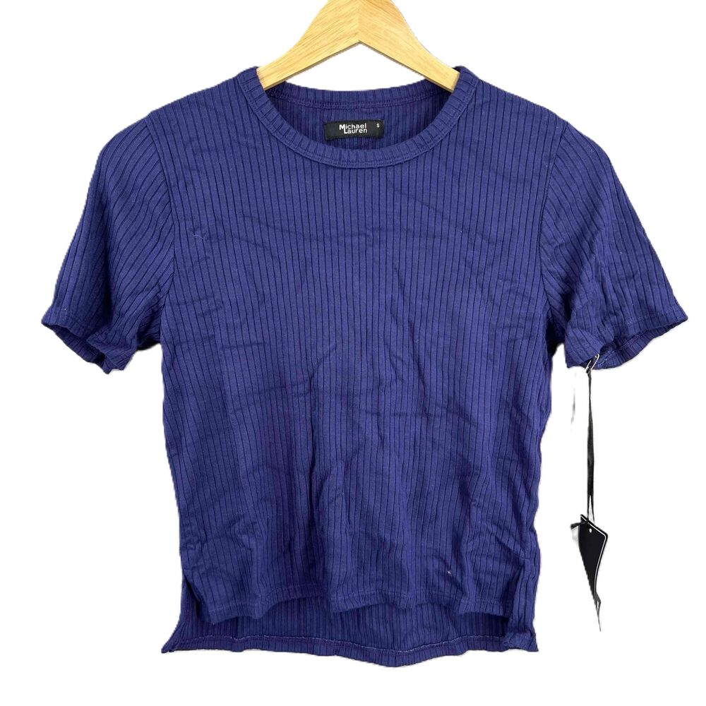 New Michael Lauren Tee Purplish Blue Ribbed Short Sleeve Cropped Womens Small